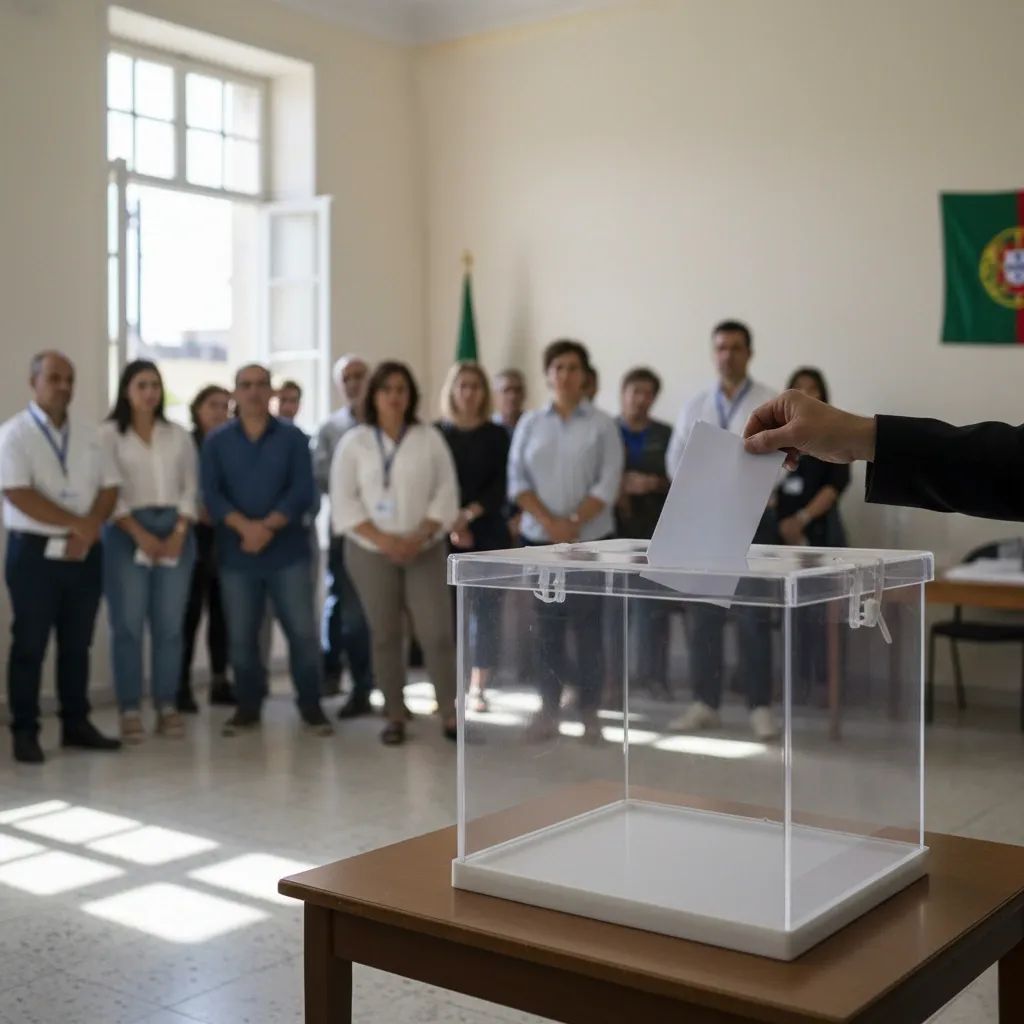Voter inserting ballot into a transparent ballot box at a Portuguese polling station