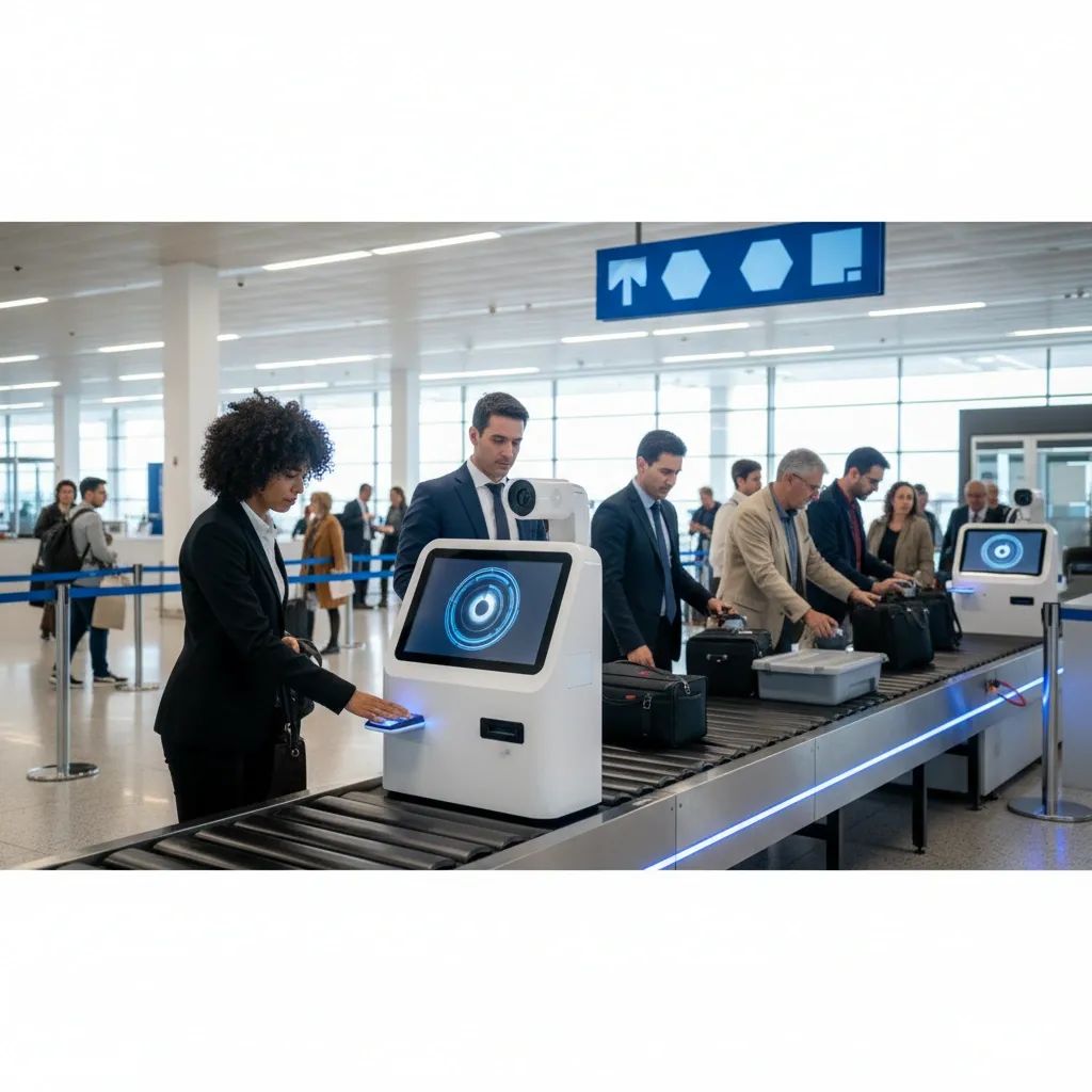 Modern airport security checkpoint showing biometric screening setup in Portuguese airport terminal