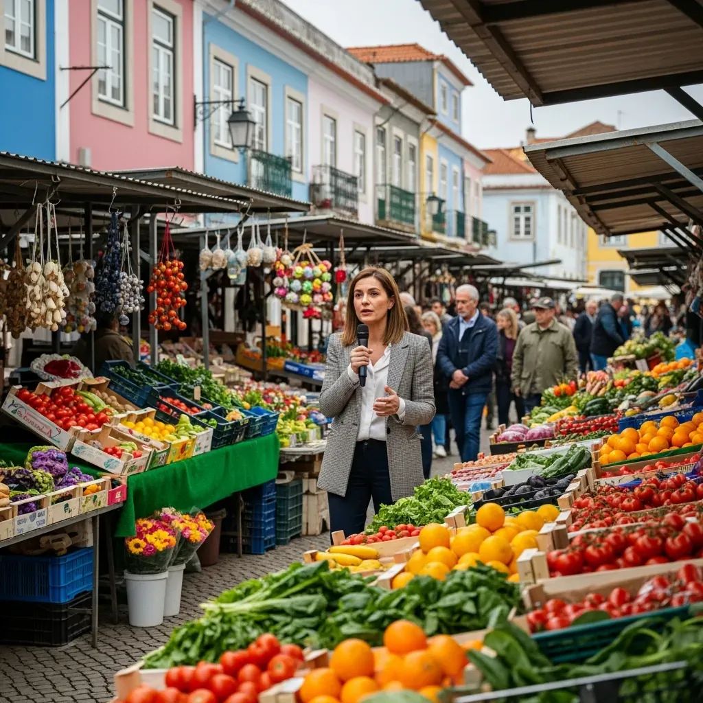 Female politician addressing a small crowd at a busy Portuguese market square