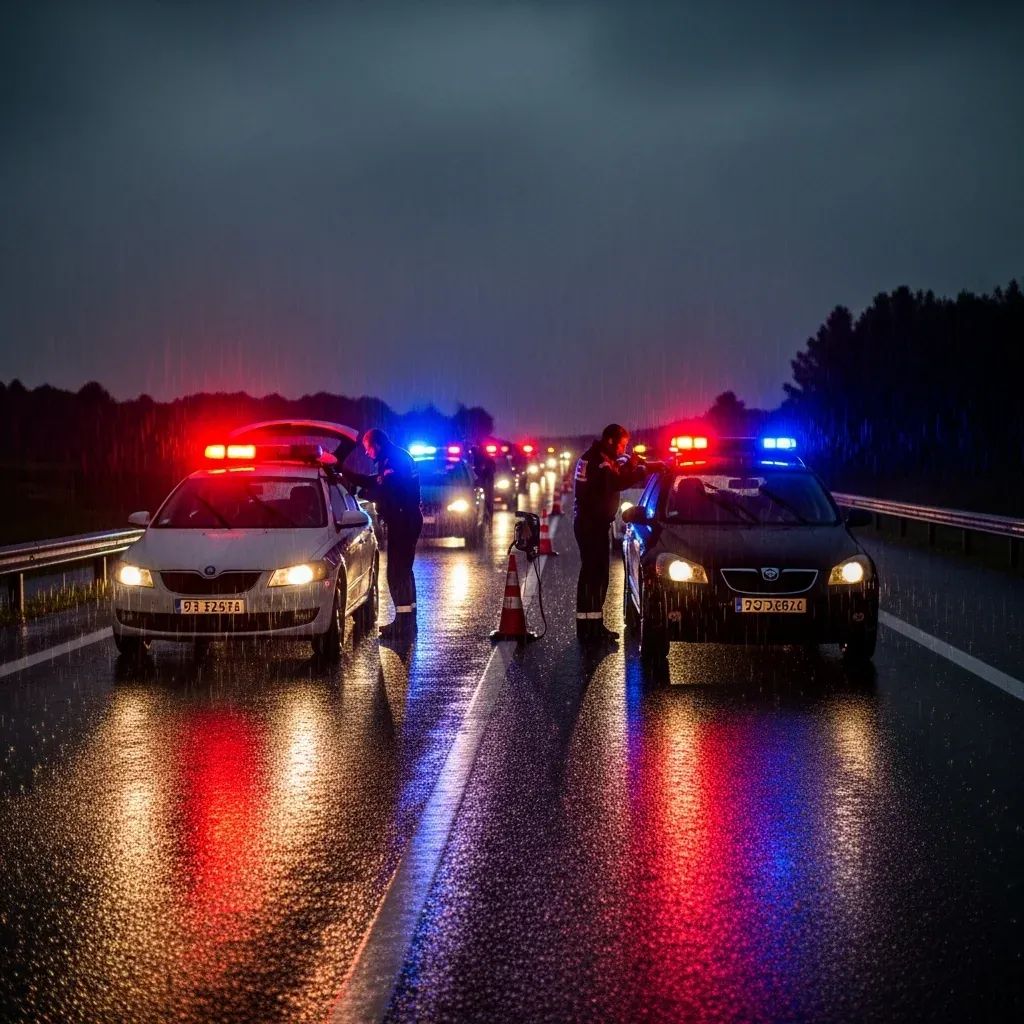Nighttime police checkpoint on a wet Portuguese motorway with breathalyzer testing