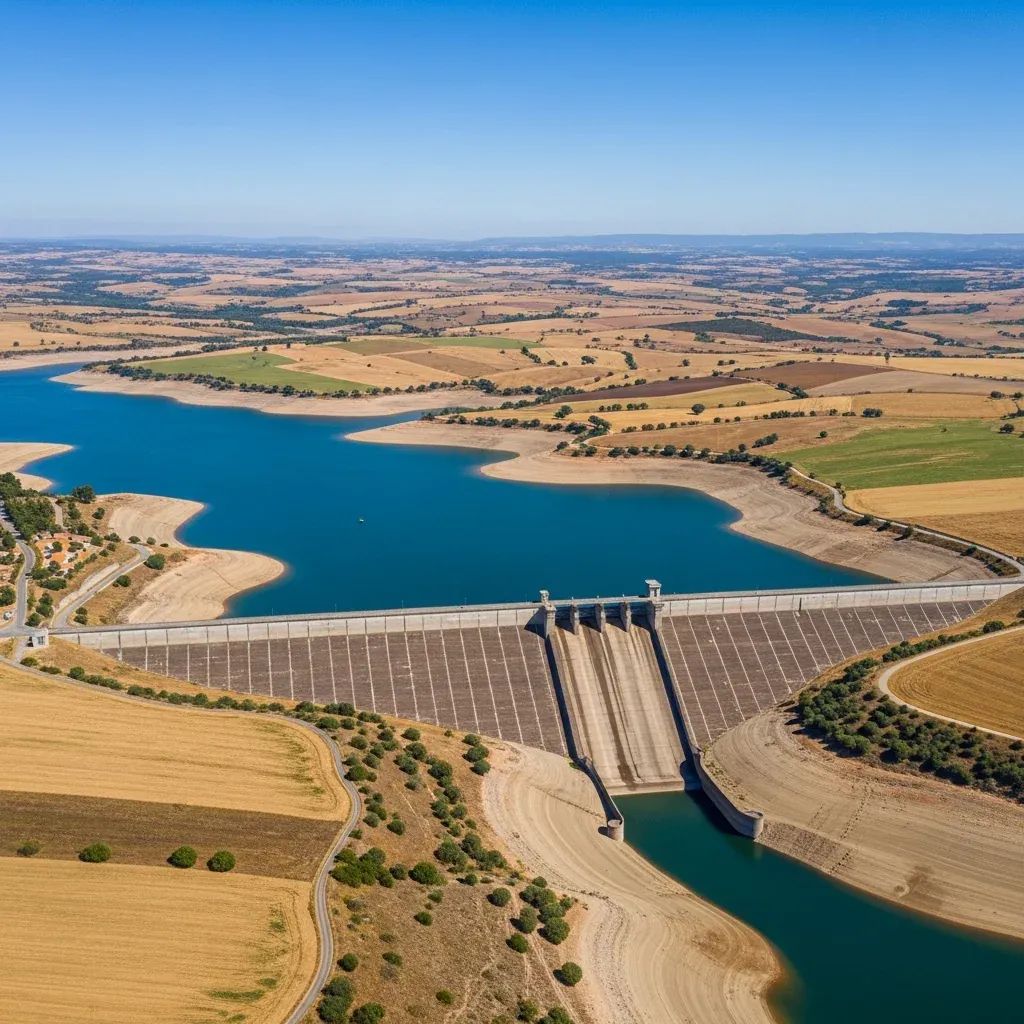 Aerial view of Alqueva dam and reservoir with surrounding farmland under dry conditions