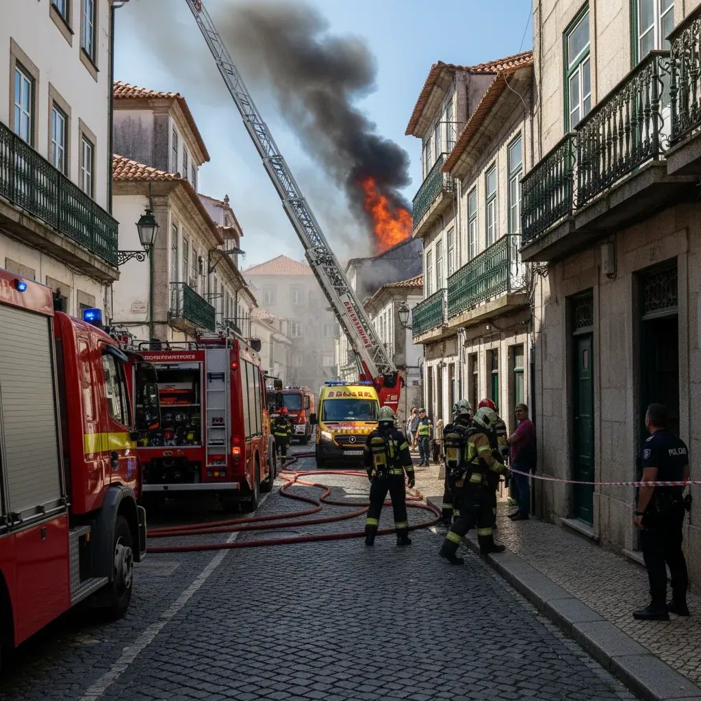 Emergency responders at scene of major vehicle crash and fire in Coimbra city center