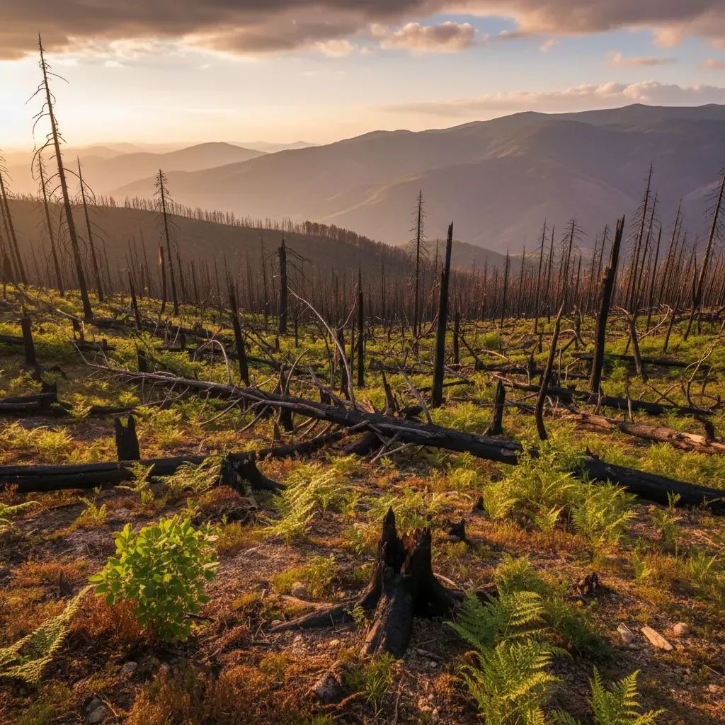 Serra da Estrela mountain landscape showing wildfire recovery with charred and regenerating forest sections