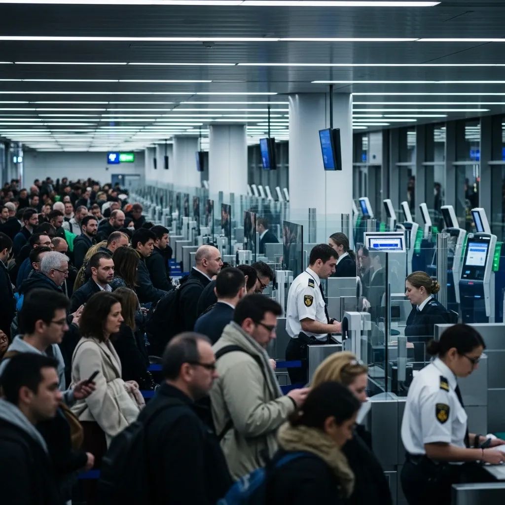 Long line of travellers waiting at passport control in Lisbon airport terminal