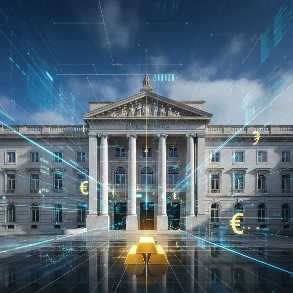 Modern illustration of Portugal's central bank building with gold reserves visualization and financial stability symbols