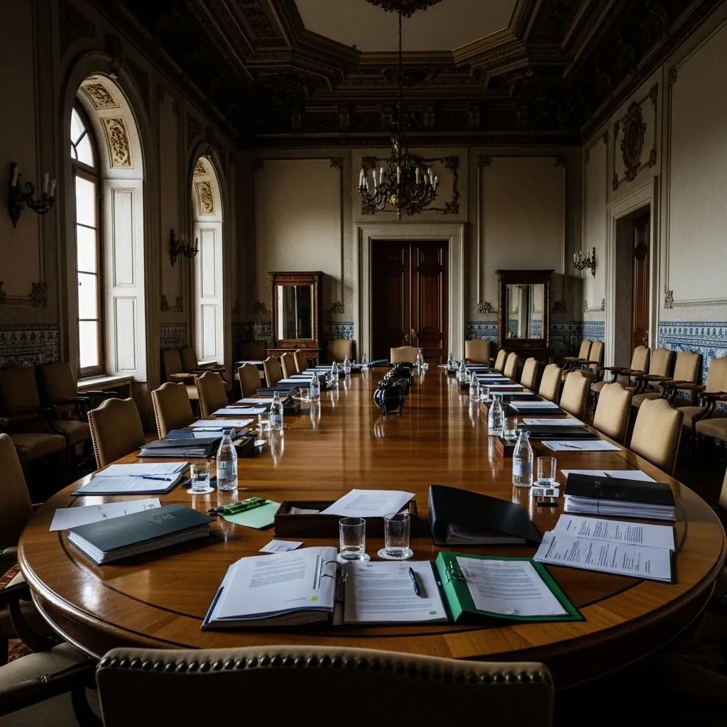 Empty ornate meeting room at Palácio de Belém with a long table and documents