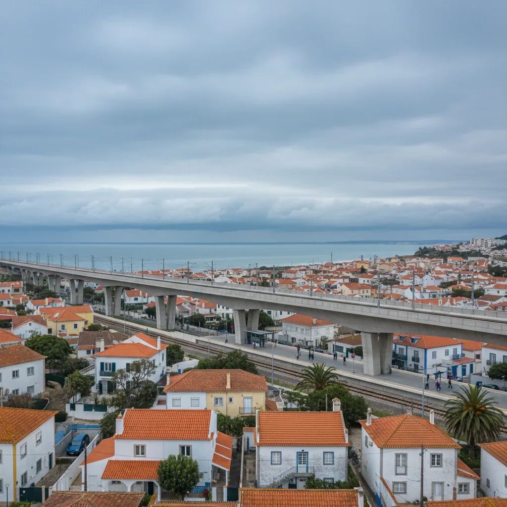 Elevated railway pedestrian bridge over tracks in Portuguese coastal neighborhood with residents visible below