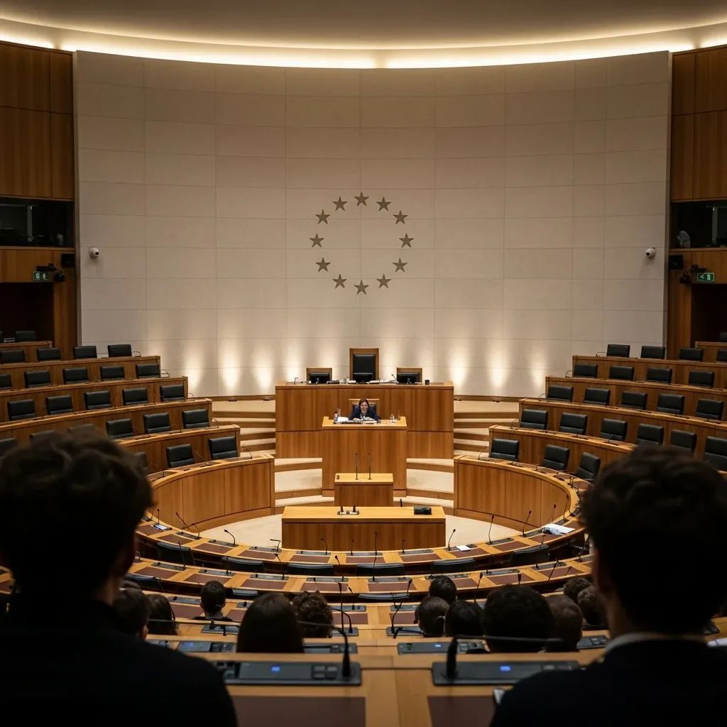Interior of a parliamentary chamber with young audience listening to a speech