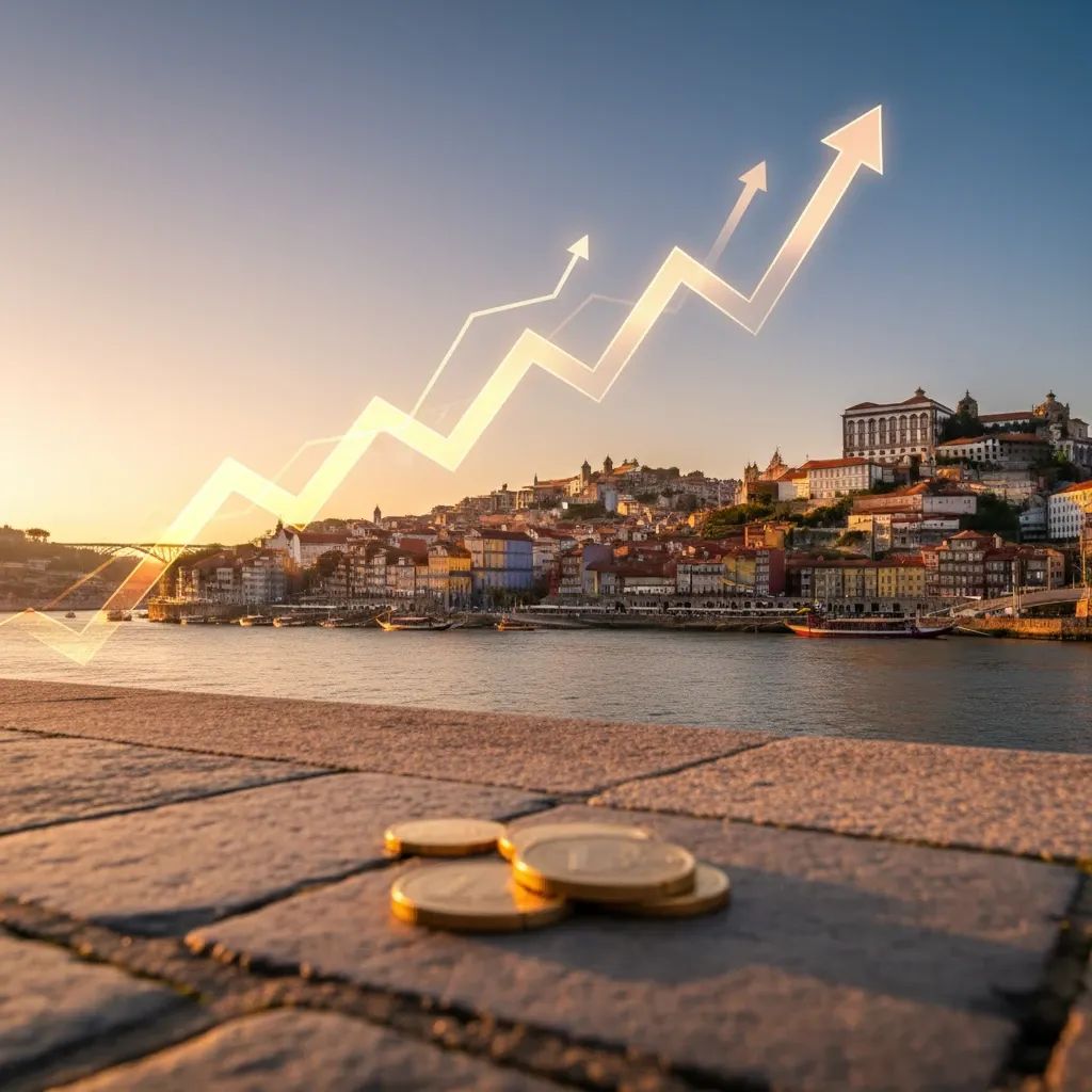 Portuguese city skyline with upward financial graph arrows and euro coins in foreground