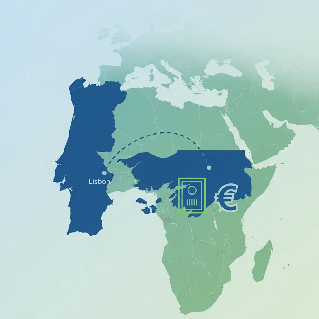 Infographic map showing connection between Portugal and Guinea-Bissau highlighting visa and remittance flows