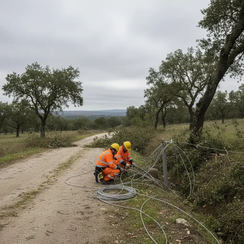 Portuguese telecom workers repairing fibre lines along a storm-damaged rural road after Kristin