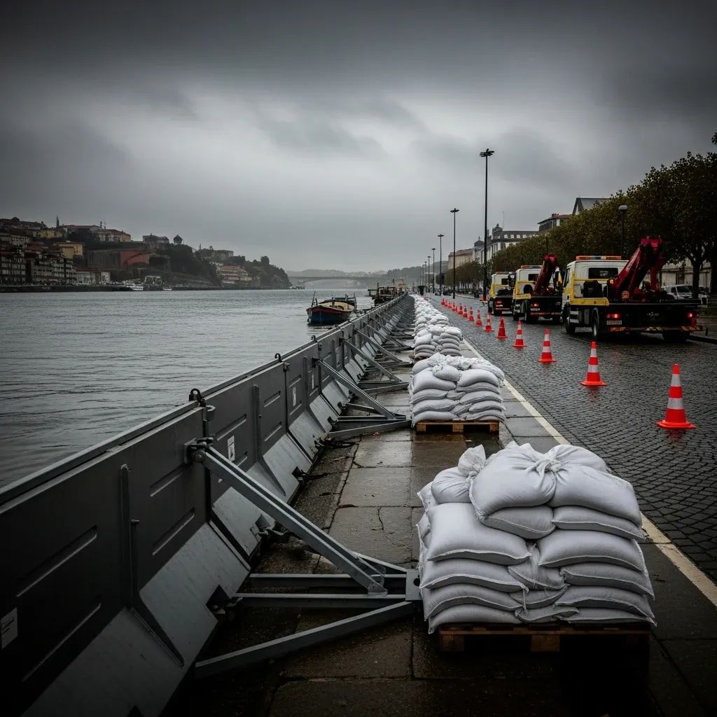Flood barriers and sandbags along Porto's Douro riverfront preparing for rising waters