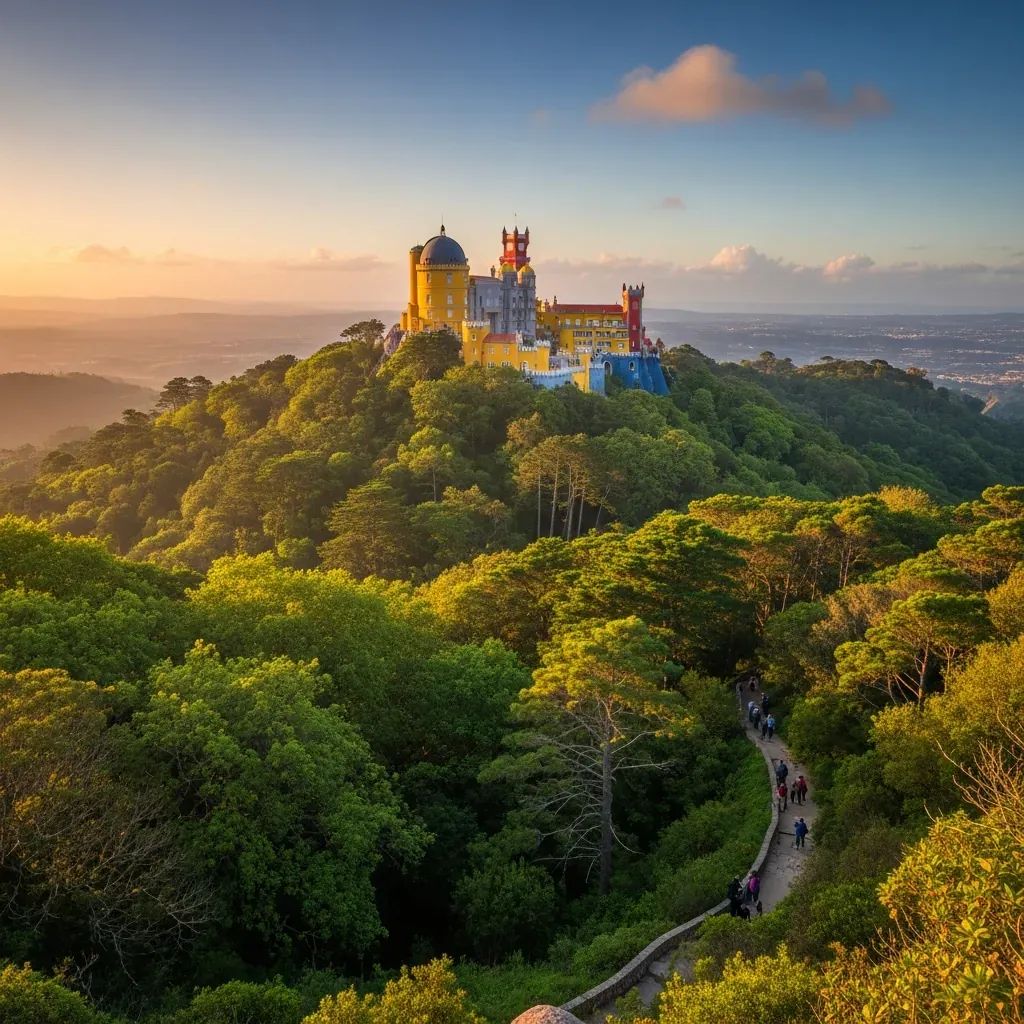 Panoramic view of Pena Palace atop lush Sintra forest with distant tourists on a trail
