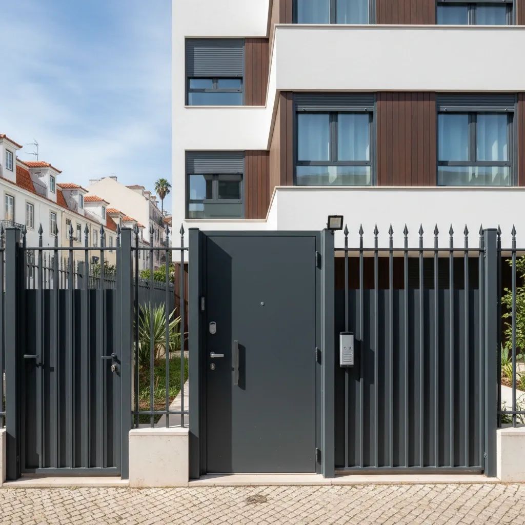Secured residential property gate in Lisbon neighborhood representing home protection and property owner security