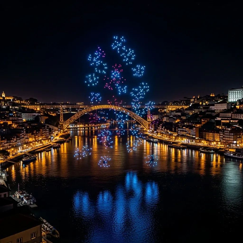 Nighttime drone light show over the Douro riverfront in Porto