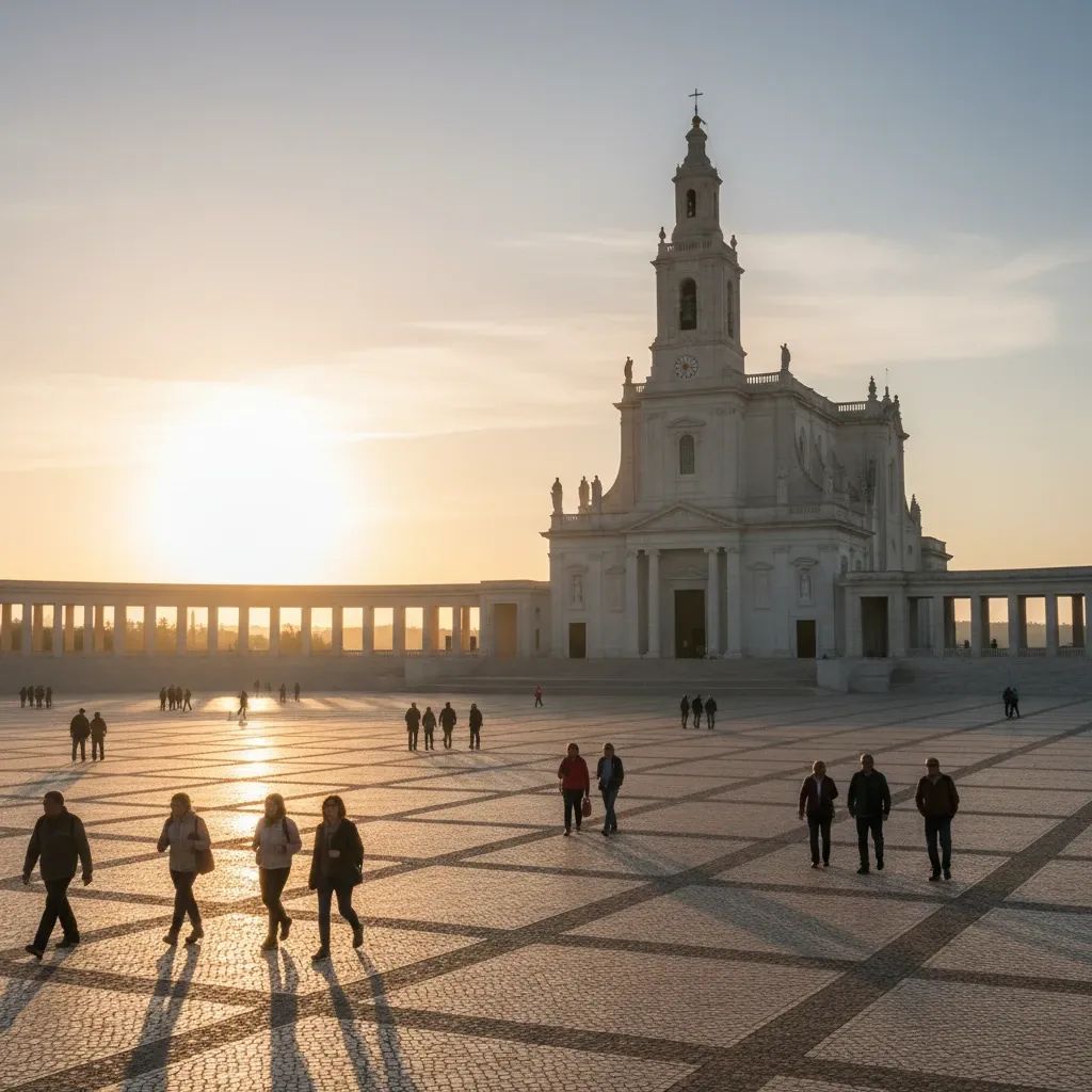 Pilgrims walking toward the Fátima Basilica at sunrise in soft golden light