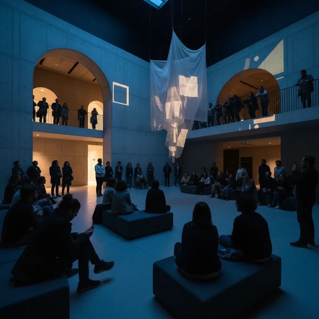 Diverse audience experiencing experimental performance art in Lisbon cultural venue with atmospheric lighting