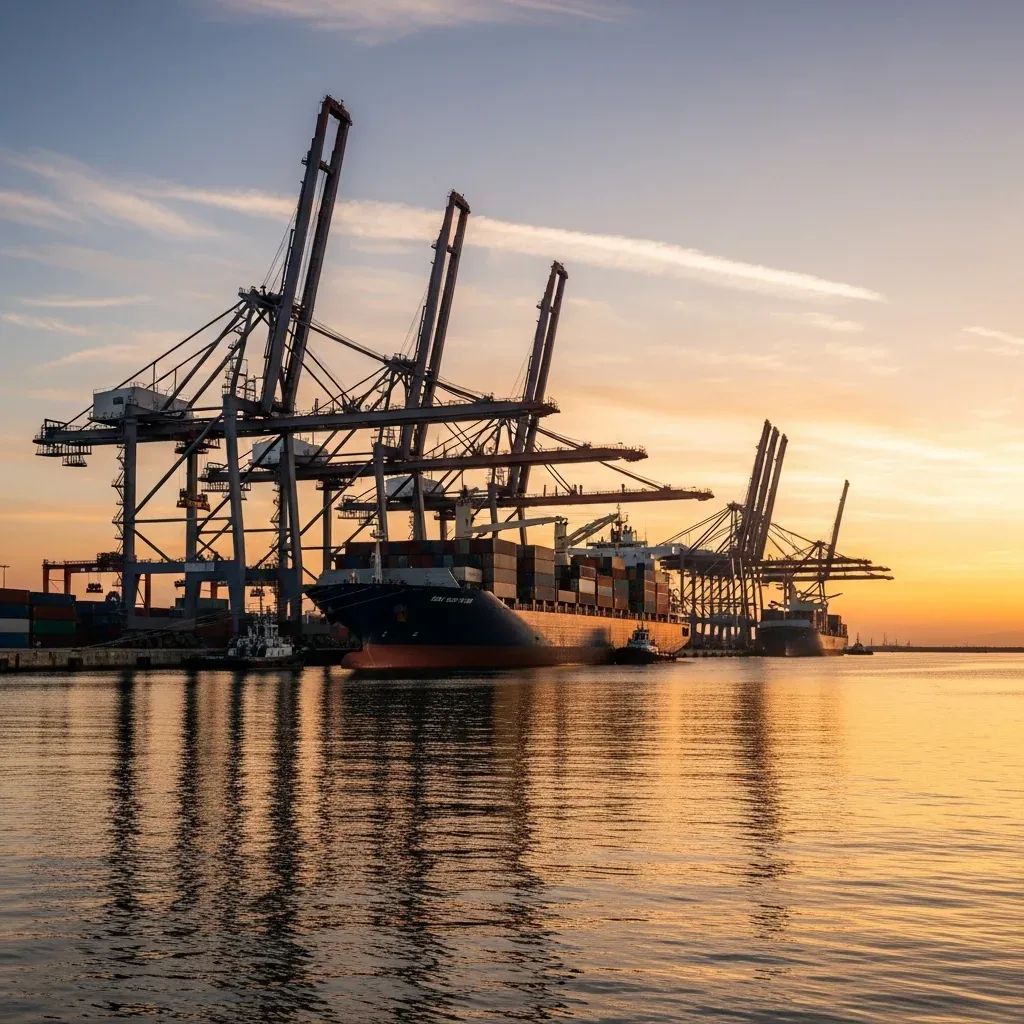 Cargo ship unloading containers at a Portuguese deep-water port terminal