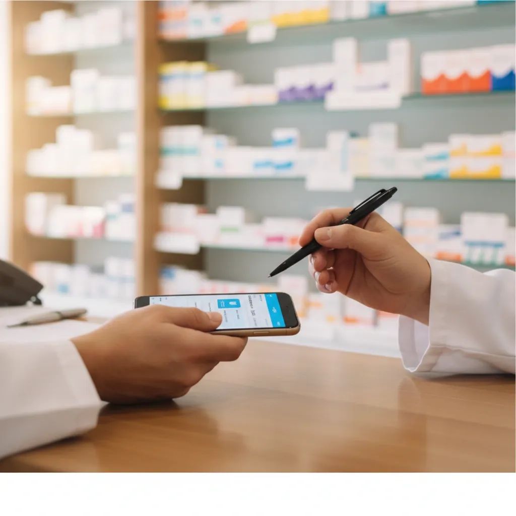 Hands exchanging a prescription pen at a Portuguese pharmacy counter with medication shelves