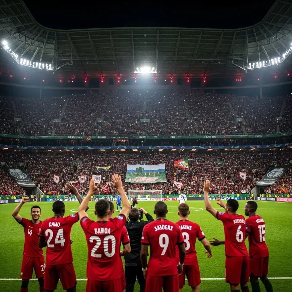 Players celebrating a goal in a Portuguese stadium as fans wave tribute banners