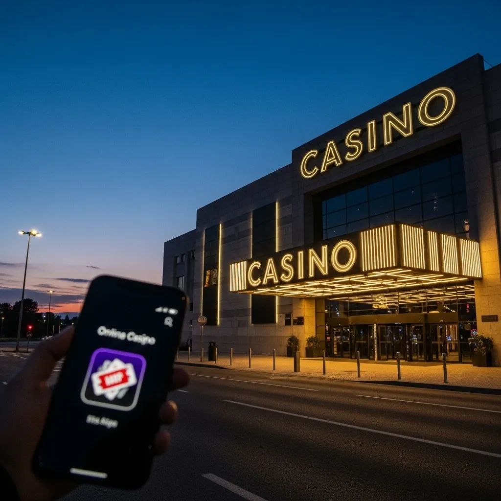 Modern Portuguese casino entrance at dusk with smartphone showing online casino app