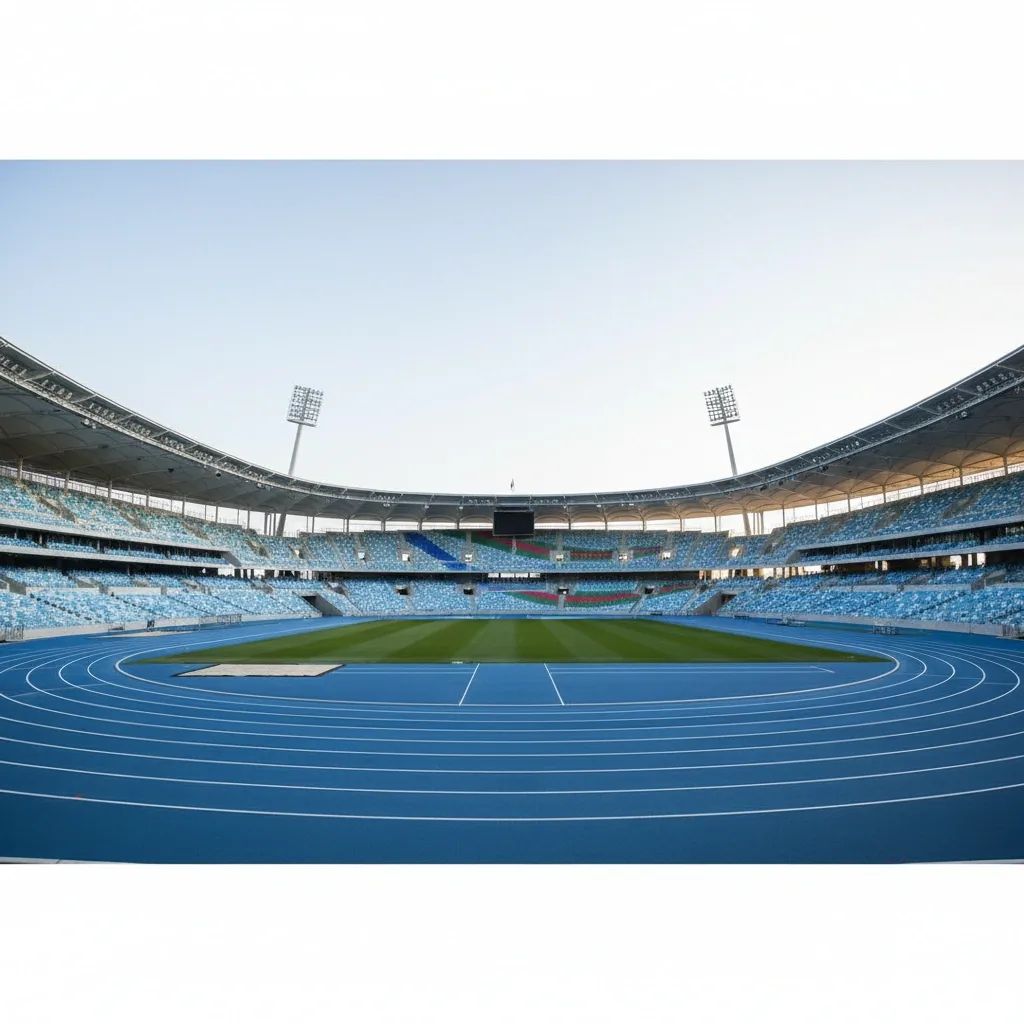 Modern Olympic stadium track with professional lighting and clean composition
