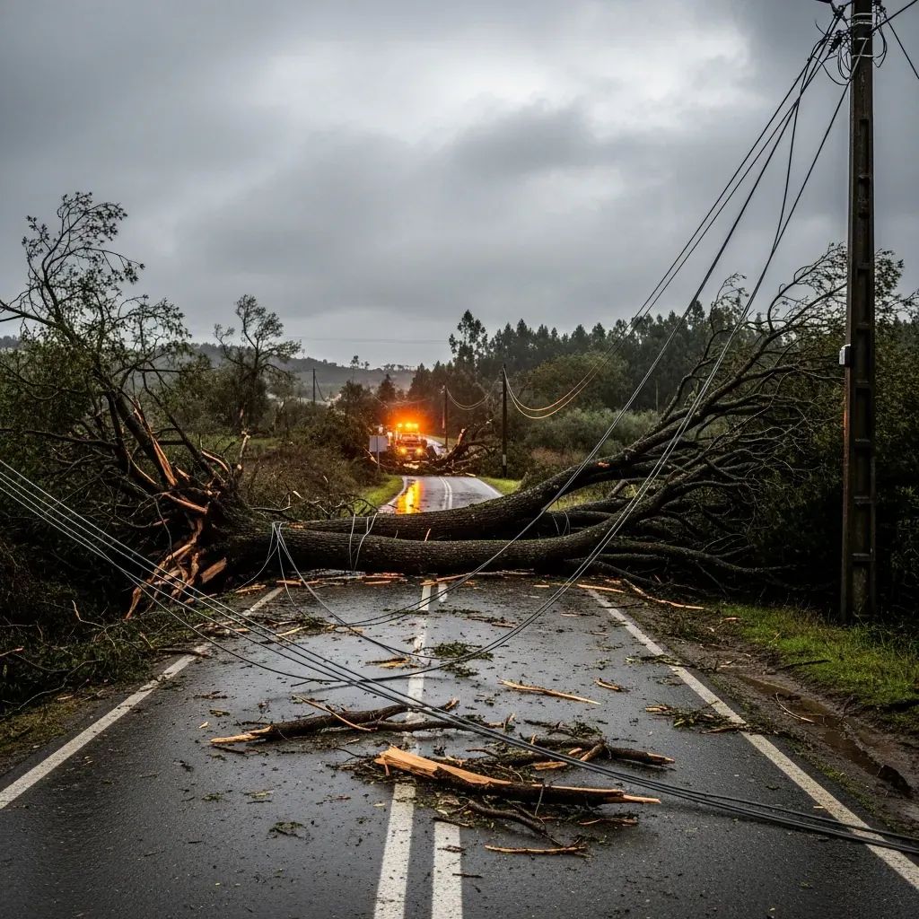 Portuguese rural road blocked by fallen trees and downed power lines after a storm