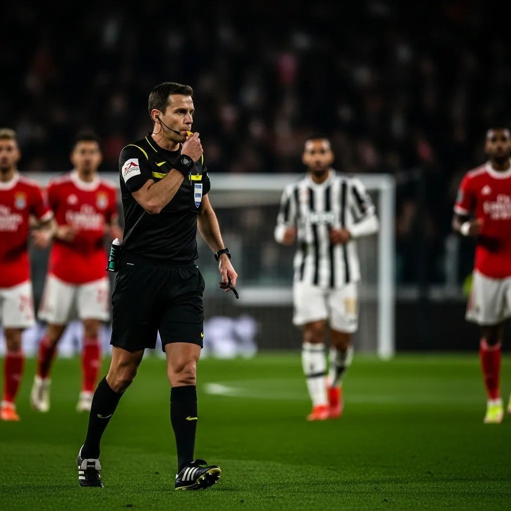 Football referee blowing whistle on pitch with Benfica and Juventus players blurred behind