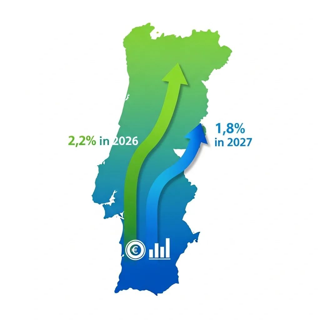 Stylized map of Portugal with upward and downward arrows showing economic growth trends