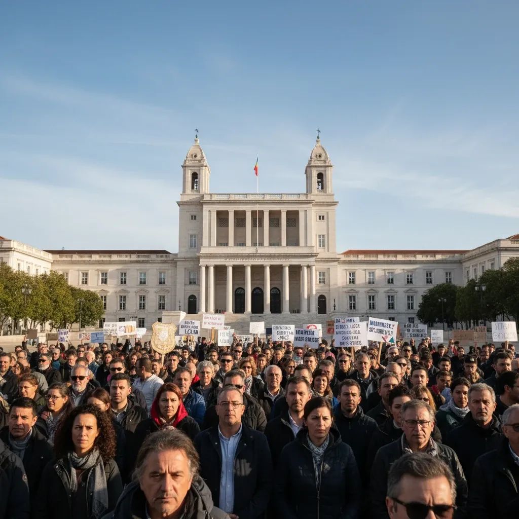 Workers and security personnel protesting in front of Portuguese parliament during labor demonstrations