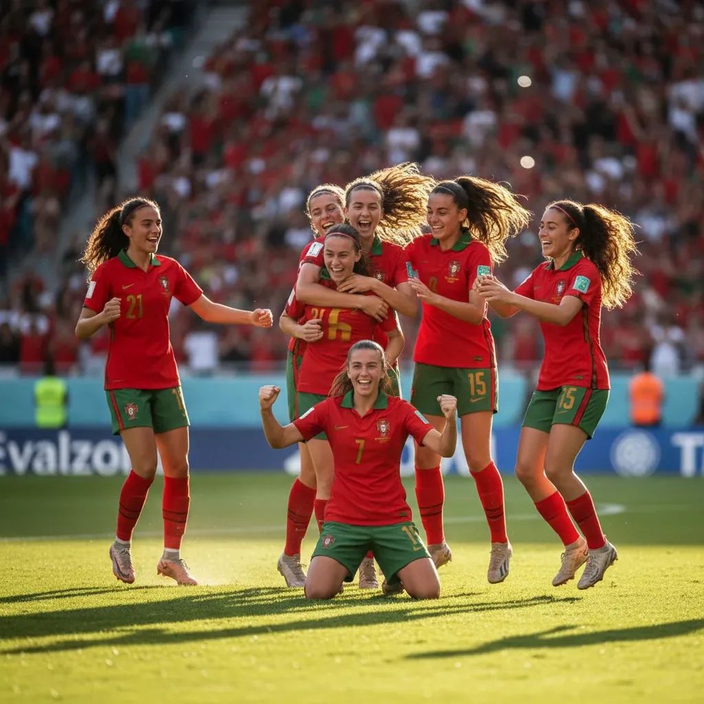 Portuguese under-17 women's football team players celebrating during qualifying match