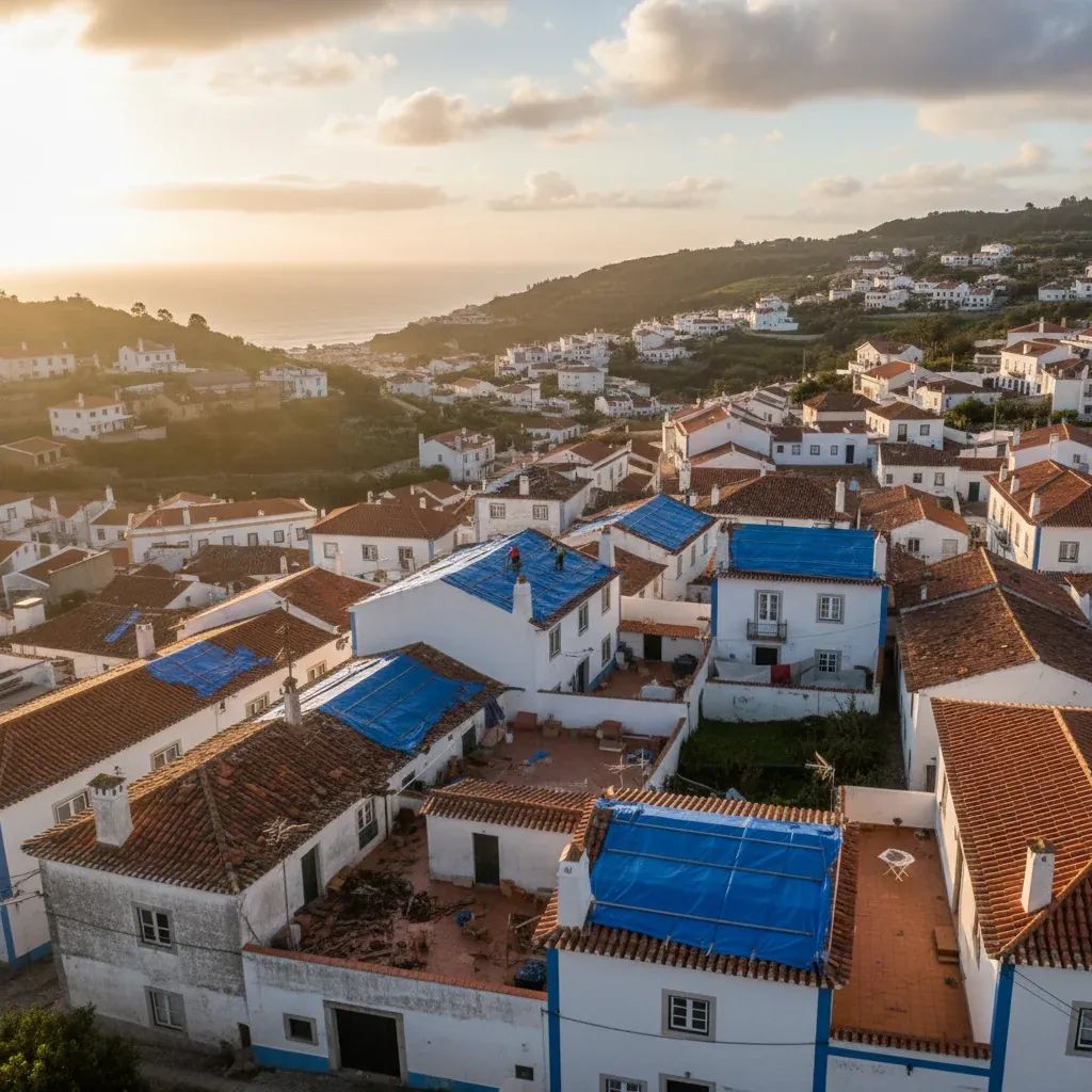 Damaged terracotta roofs in Pombal covered with tarpaulins after winter storms