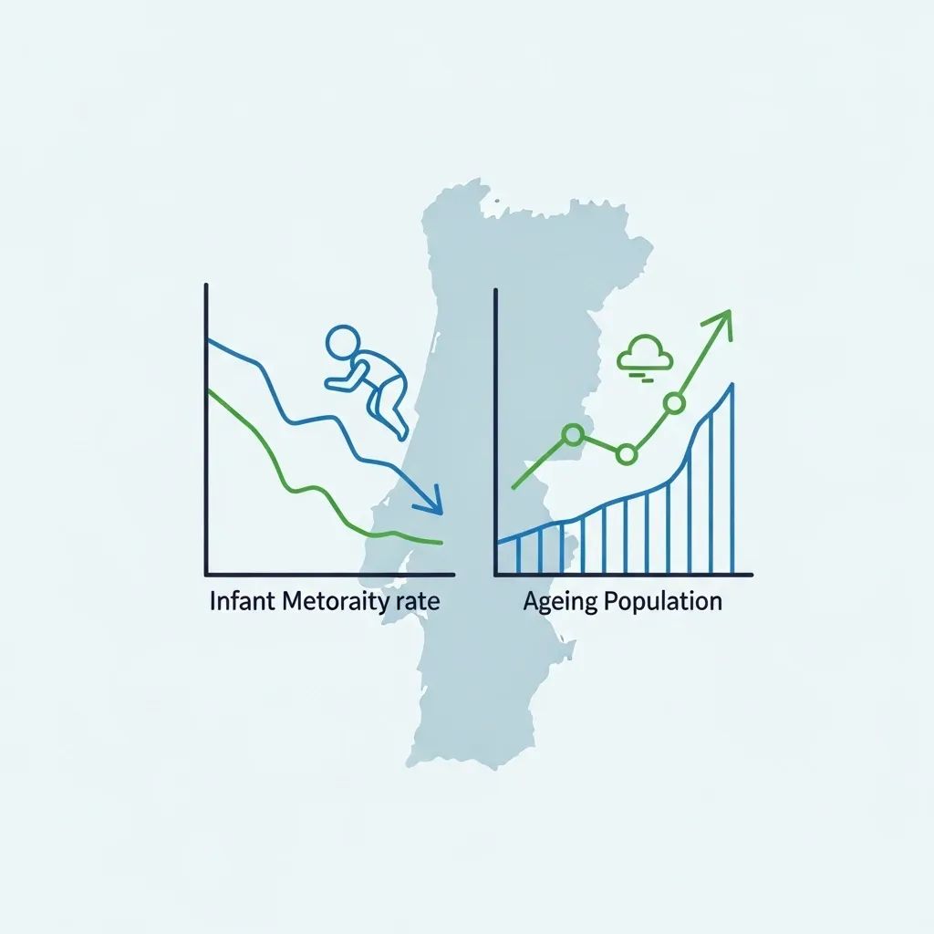 Infographic showing declining infant mortality rate and growing elderly population in Portugal