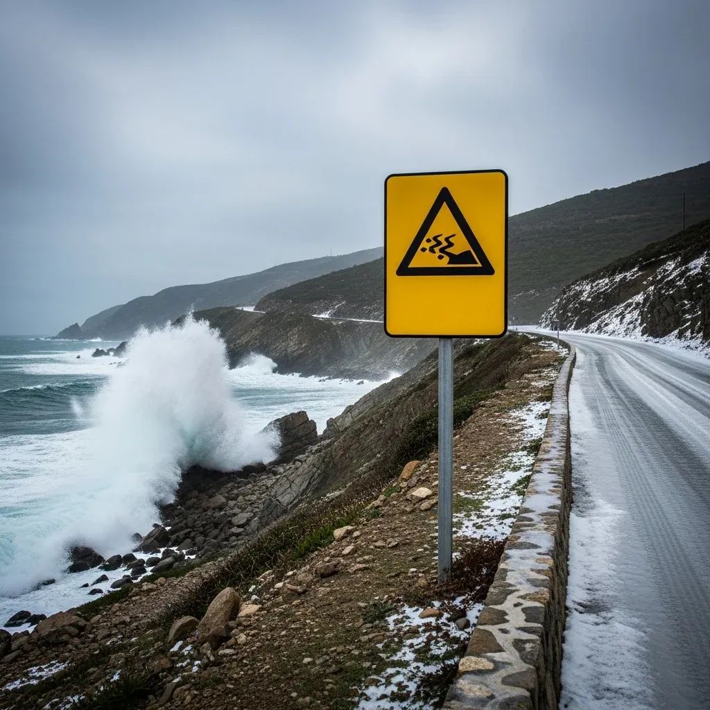 Icy mountain road and rough Atlantic waves along Portuguese coast under grey winter sky