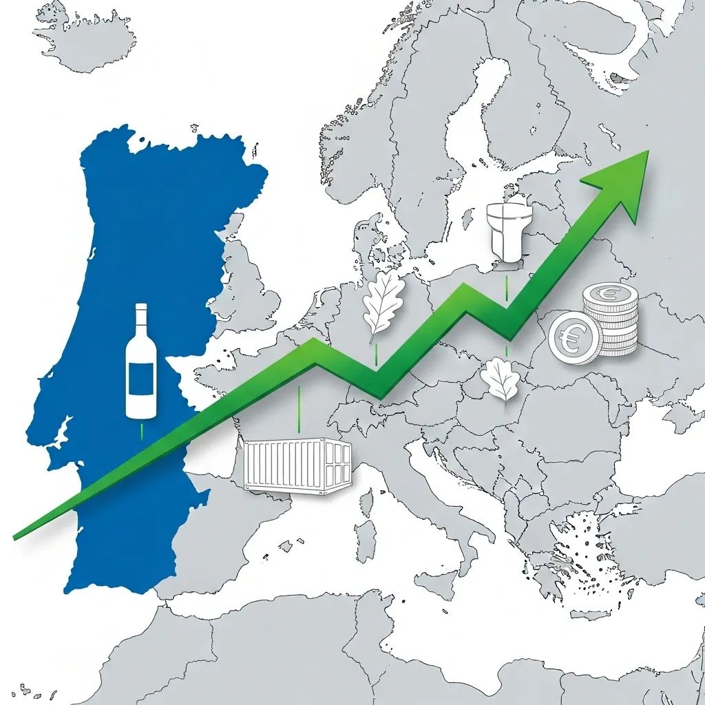 Map of Europe highlighting Portugal with an upward arrow symbolizing economic growth