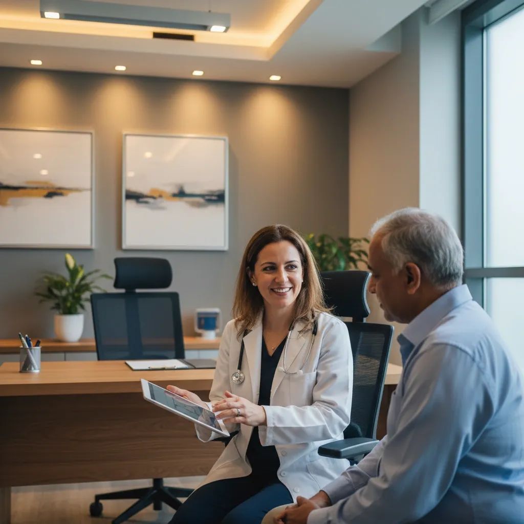 Doctor consulting with patient in modern Portuguese healthcare facility about obesity treatment options