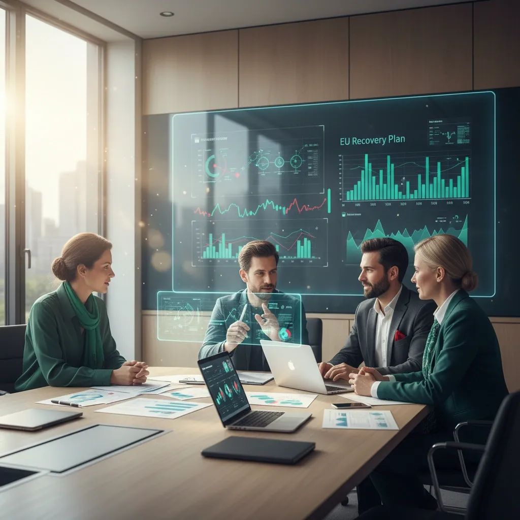 Team of professionals reviewing EU recovery fund progress data and financial charts in modern office