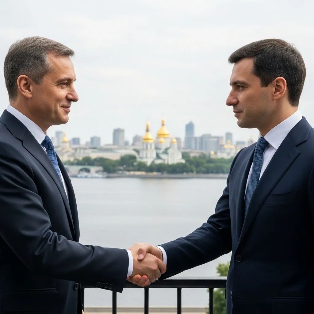 Prime Minister Montenegro and President Zelensky shaking hands on a balcony overlooking the Dnipro river in Kiev