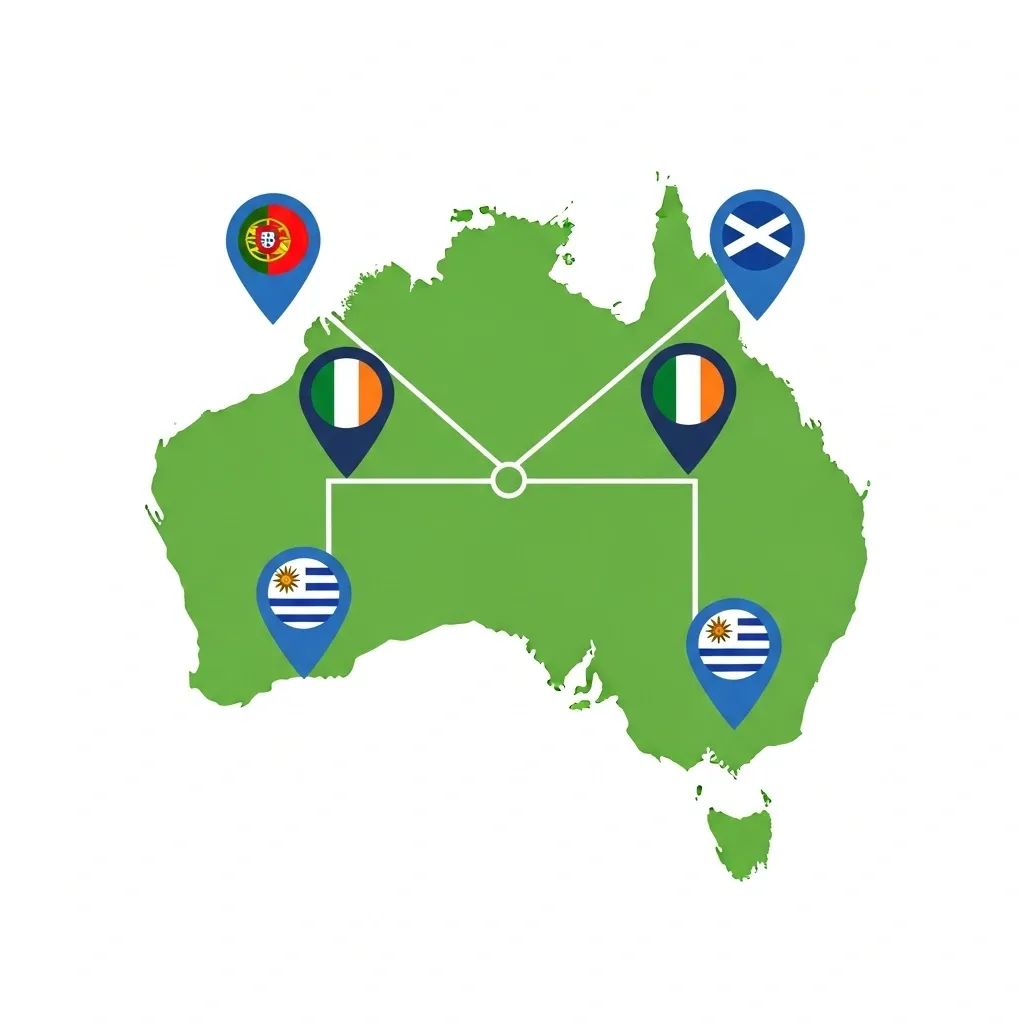Infographic map of Australia with location pins for Portugal, Ireland, Scotland and Uruguay in Rugby World Cup Group D