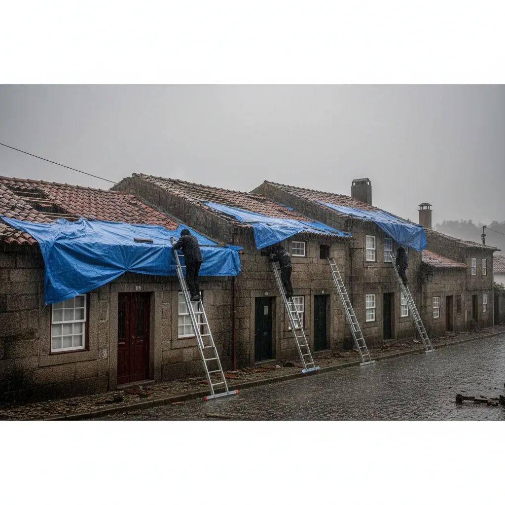 Portuguese houses in Ourém with blue tarpaulins covering storm-damaged roofs during rain