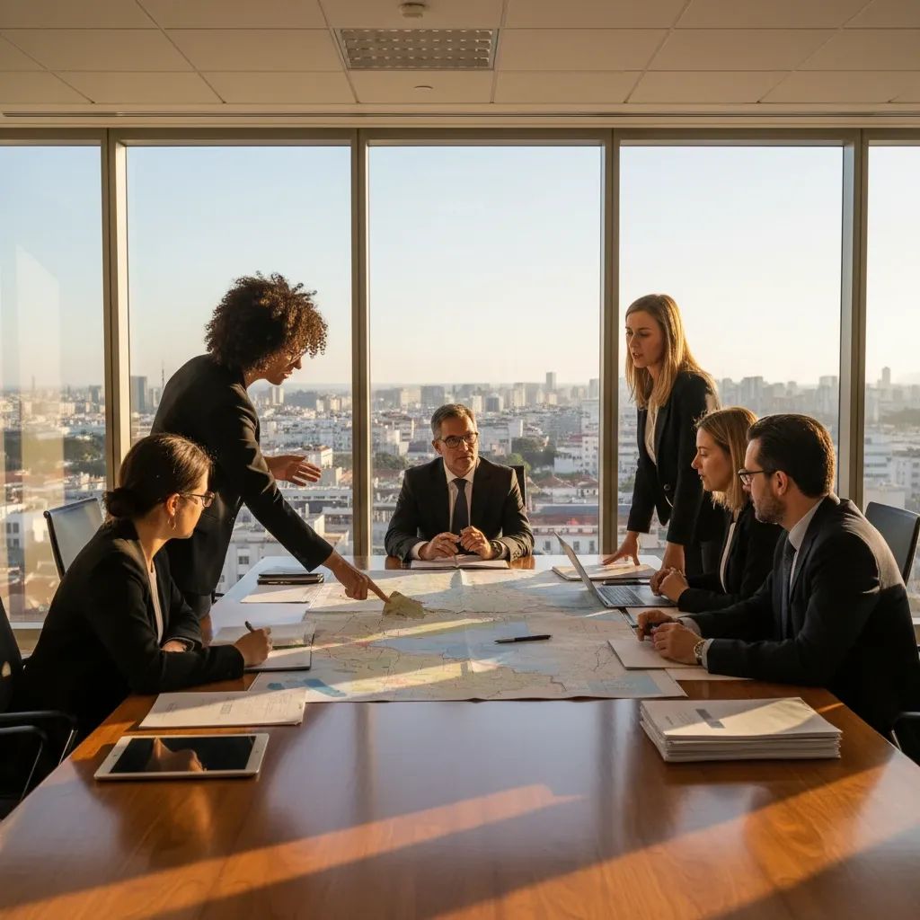 Regional government officials collaborating at meeting table with Portugal administrative documents and regional maps visible