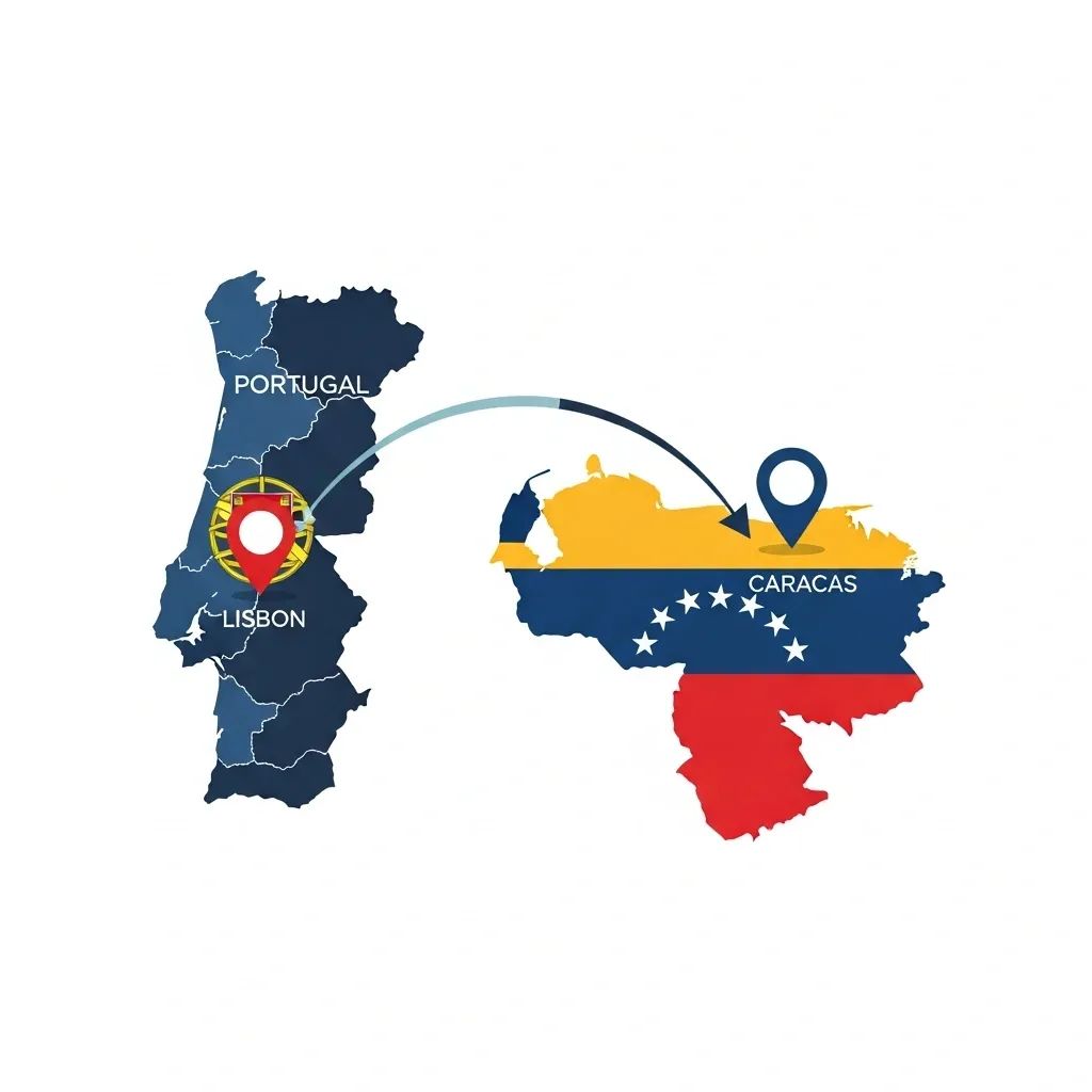 Infographic map connecting Portugal and Venezuela with location pins and curved arrow