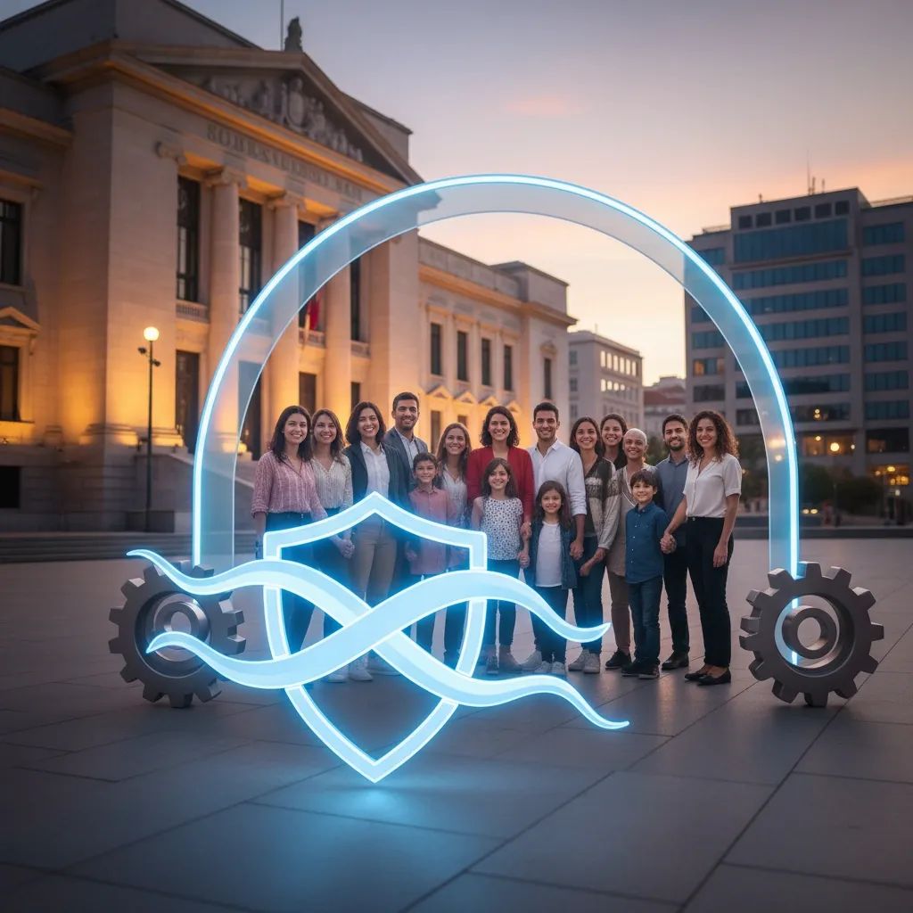 Portuguese courthouse steps with symbolic imagery of justice reform and victim protection initiatives