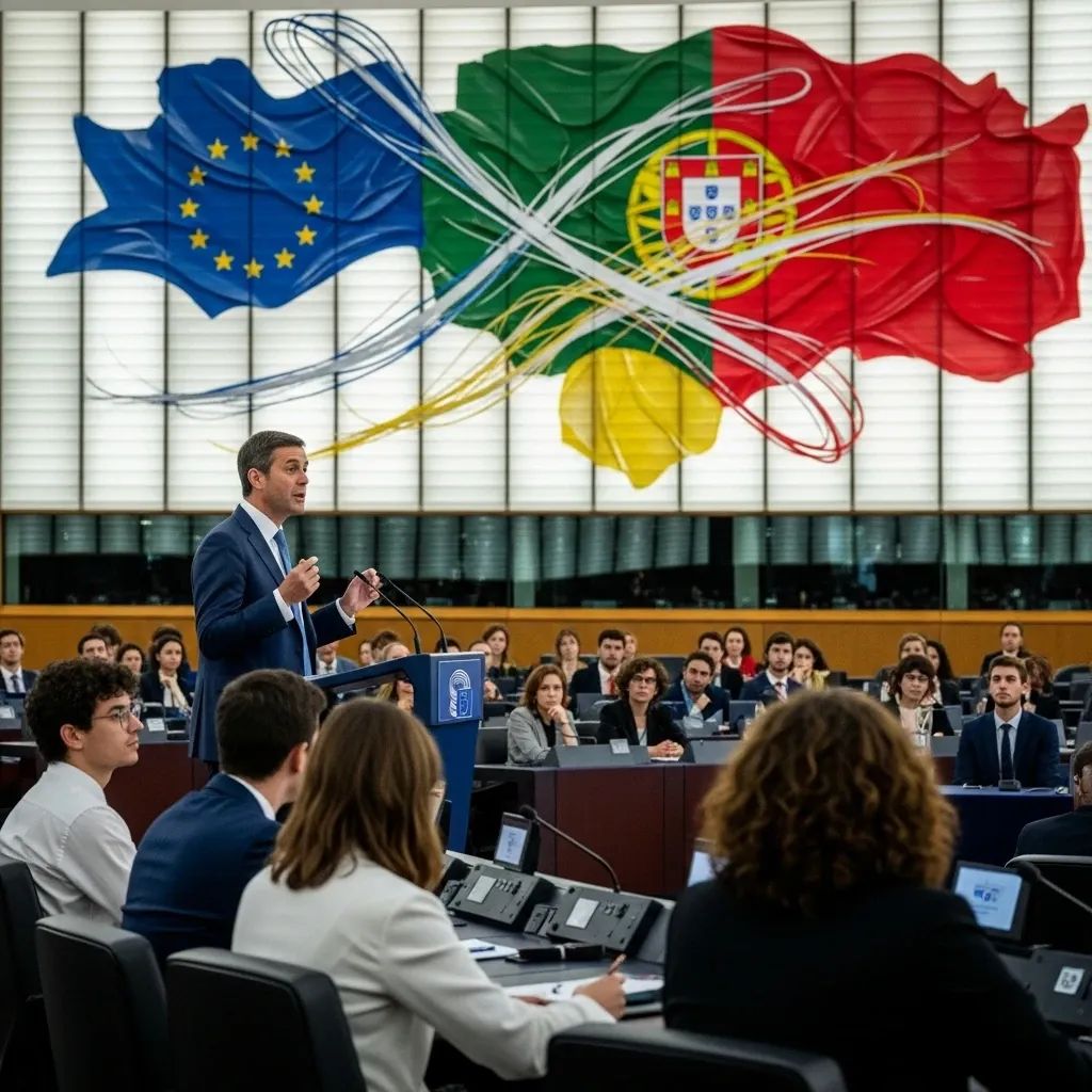 Speaker at a podium in a European assembly hall addressing young audience about the EU future