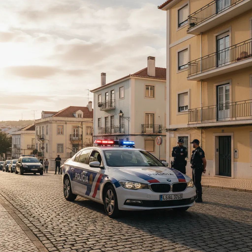 Portuguese police patrol vehicle positioned in Amadora urban neighborhood during security operation