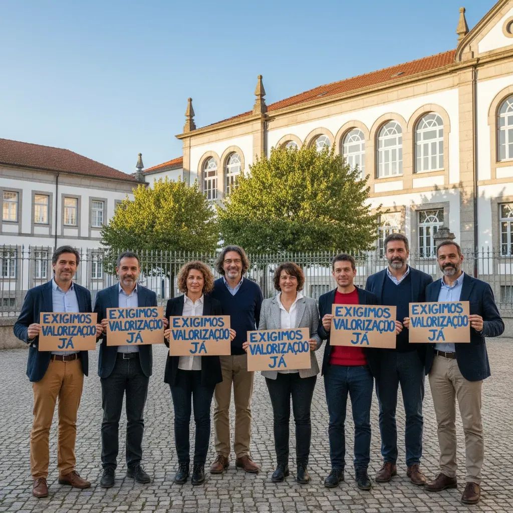 Teachers gathered outside Porto school during FENPROF campaign for education reform