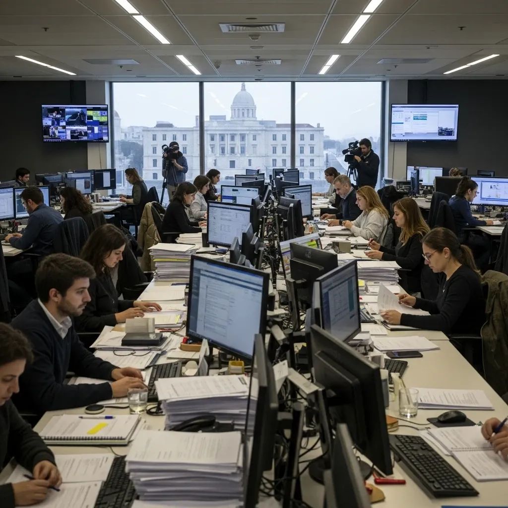Journalists working in a newsroom with documents and parliament silhouette in the background