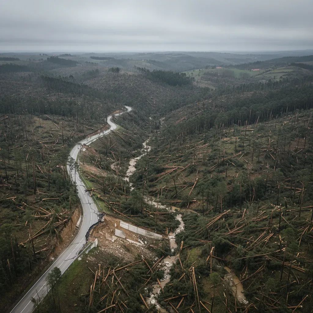 Storm-damaged Portuguese rural landscape with fallen trees and debris across forested terrain, broken road infrastructure visible