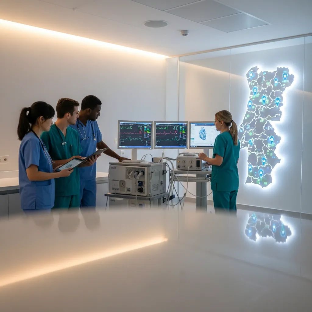 Modern hospital cardiology department with medical professionals reviewing advanced pacemaker technology data