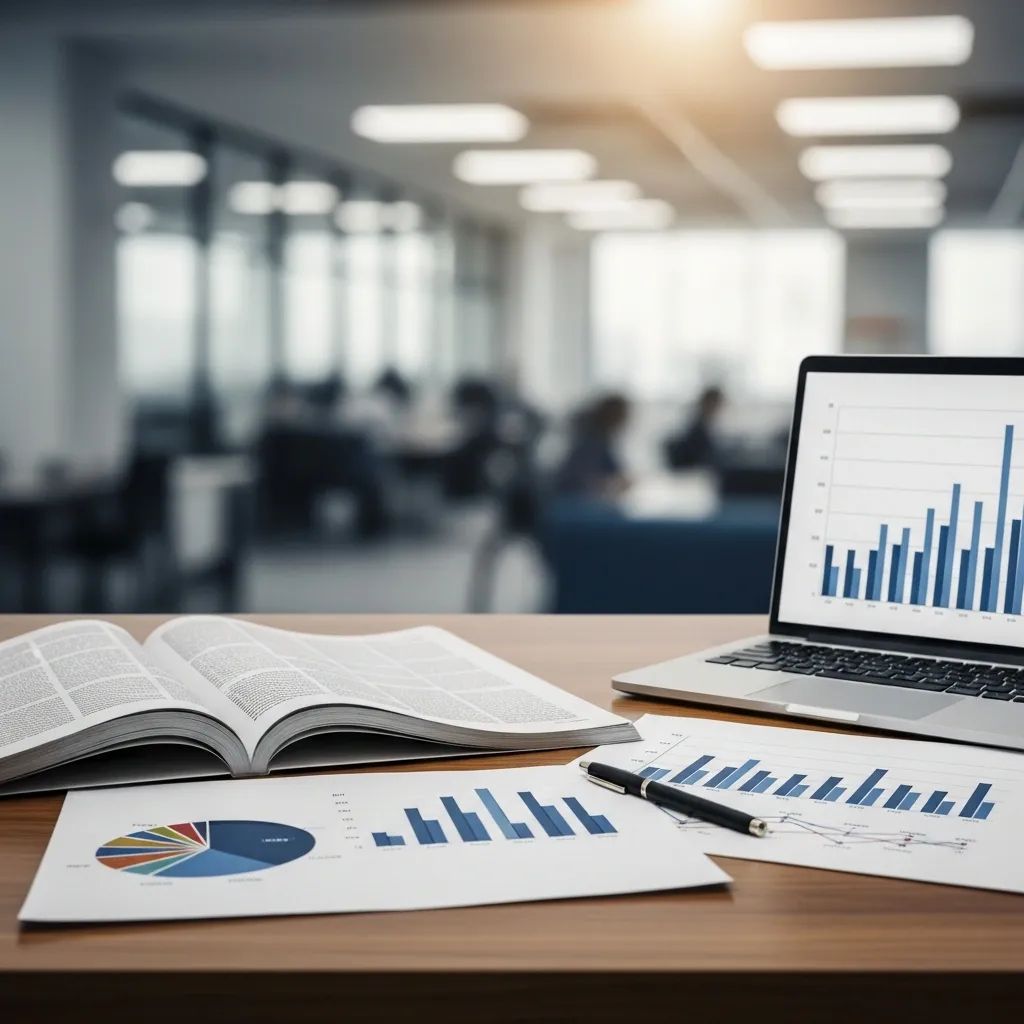 Newspaper and laptop showing media revenue charts in a Portuguese newsroom setting